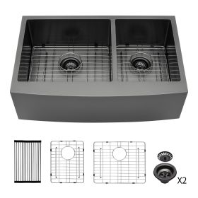 Gunmetal Black Double Bowl (60/40) Farmhouse Sink- 33"x21"x10"Stainless Steel Apron Front Kitchen Sink 16 Gauge with Two 10" Deep Basin