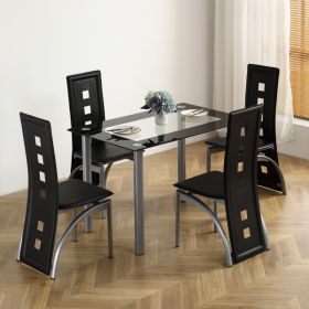 5 Pieces Dining Table Set for 4, Kitchen Room Tempered Glass Dining Table, 4 Chairs, Black, Table legs are silvery