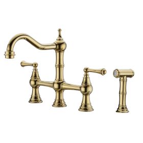 Bridge Dual Handles Kitchen Faucet With Pull-Out Side Spray in (Color: Gold)