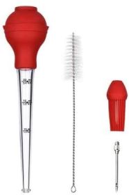 Silicone Cooking Brush Baking Roasting Grilling Baster with Marinade Needles for Turkey, Beef, Pork, Chicken (Color: Red)